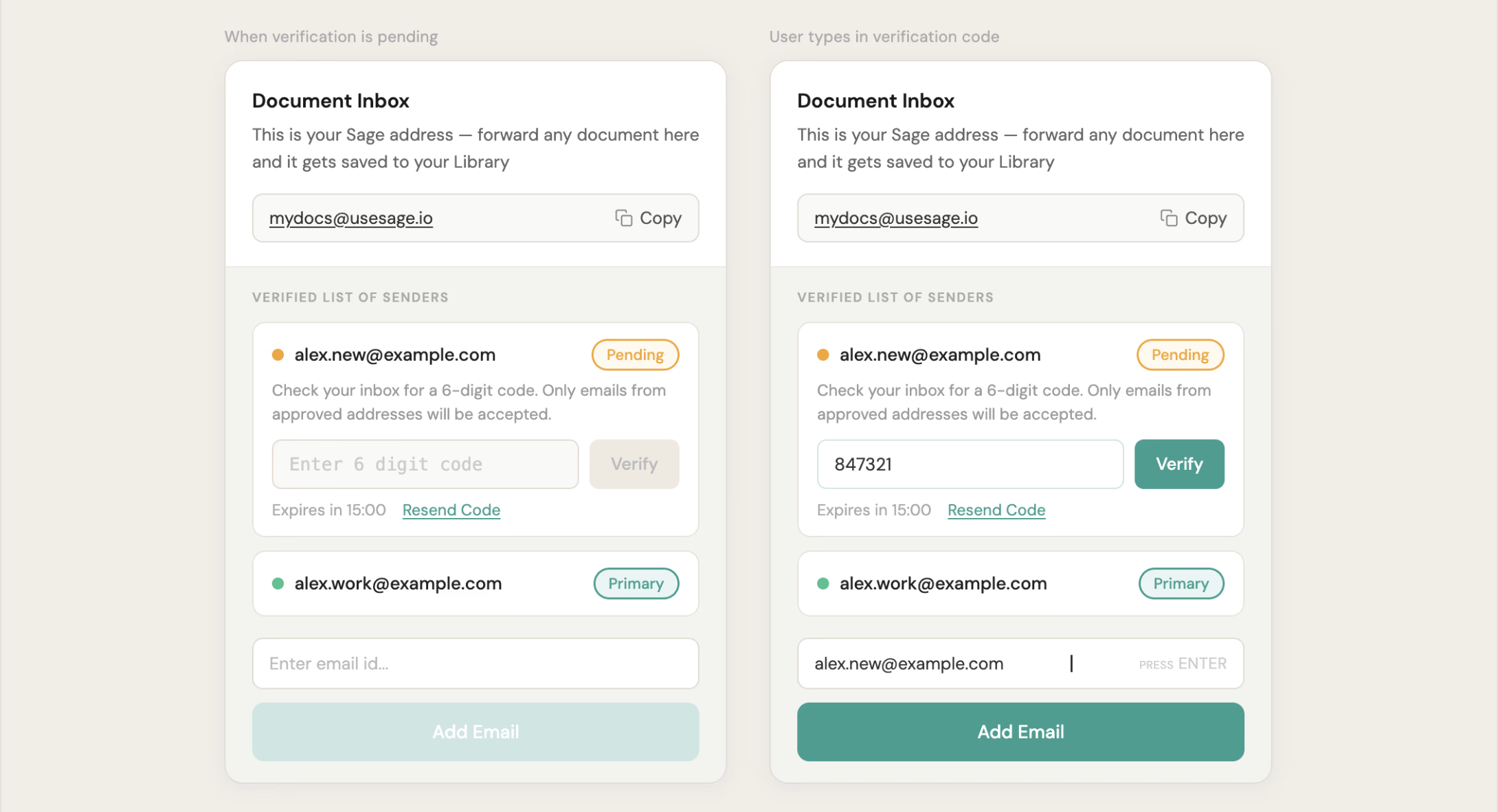 Document inbox with email verification flow for connecting a new data source.