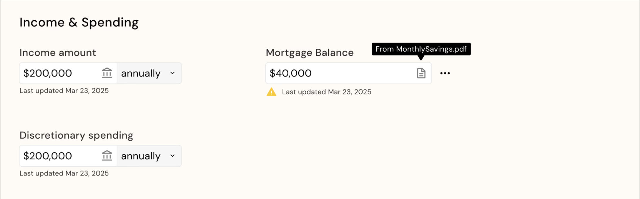 Income and Spending panel showing a mortgage balance field sourced from MonthlySavings.pdf.