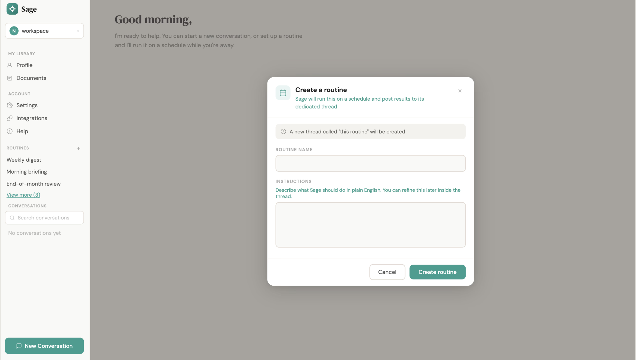 Create a routine modal for scheduling a recurring financial check-in task