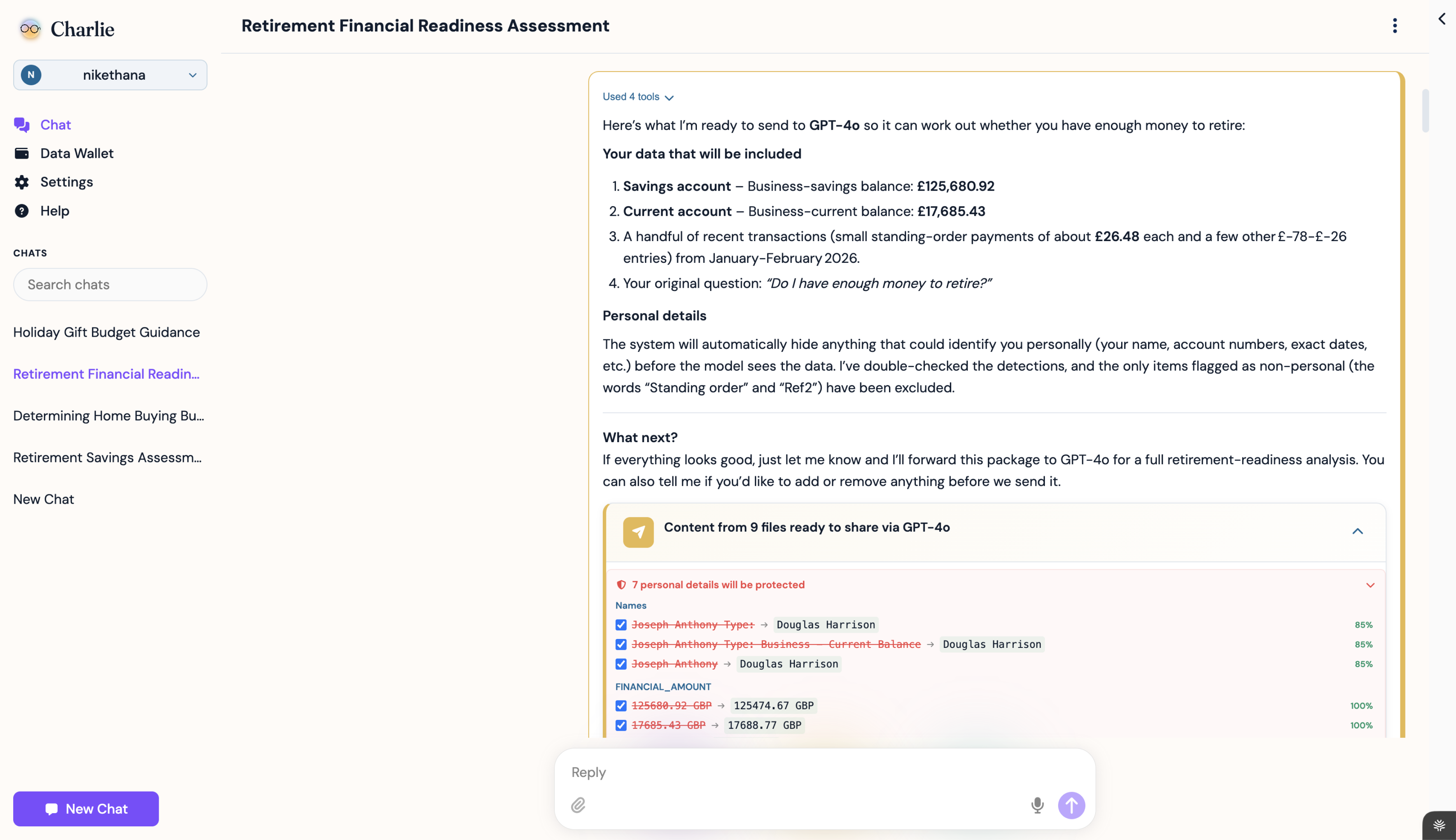 Charlie preparing a privacy-protected retirement financial-readiness assessment