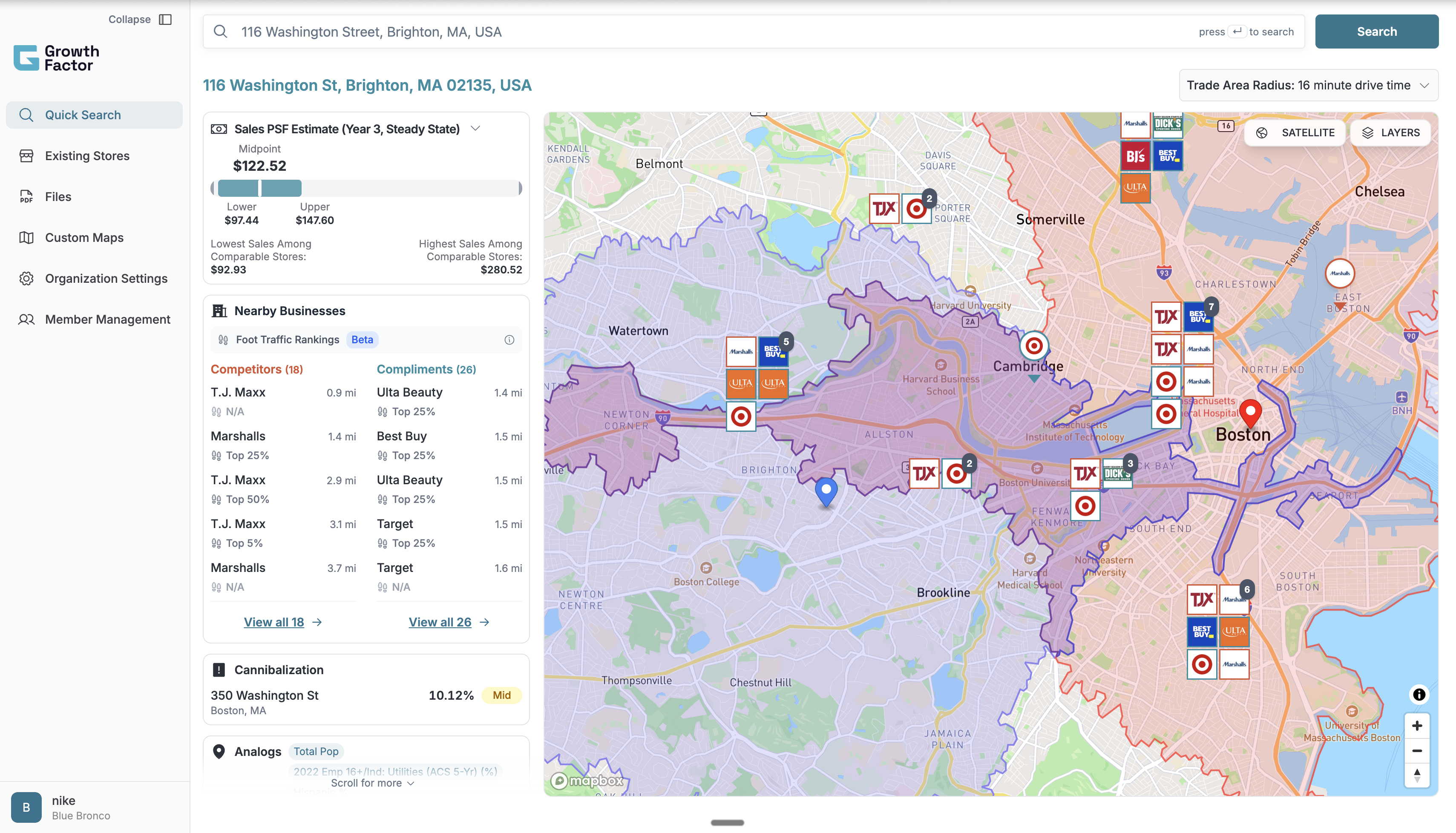 GrowthFactor map showing site evaluation signals, retail trade areas, and nearby businesses