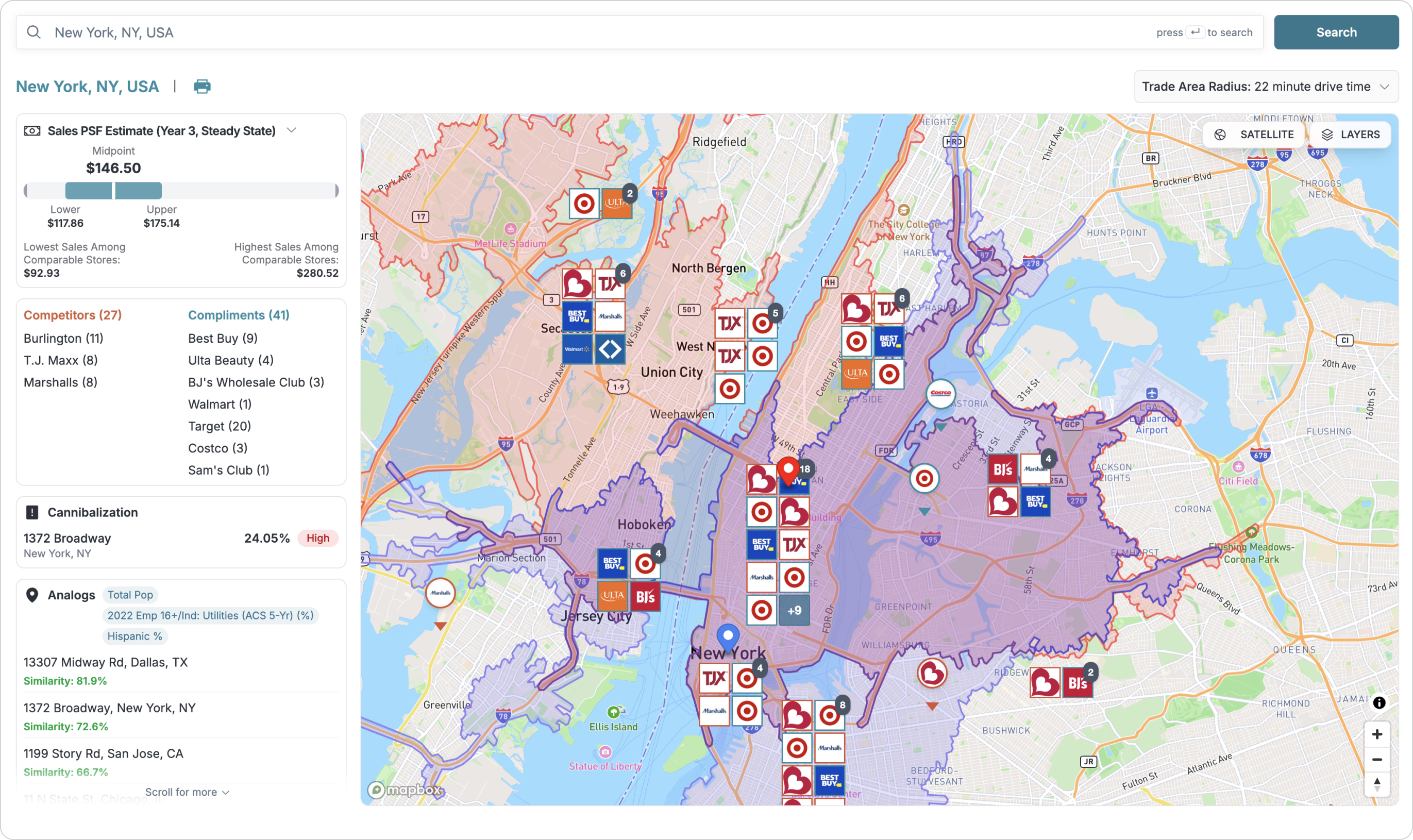 Final GrowthFactor map interface showing retail trade areas, competitors, complements, and site evaluation signals.