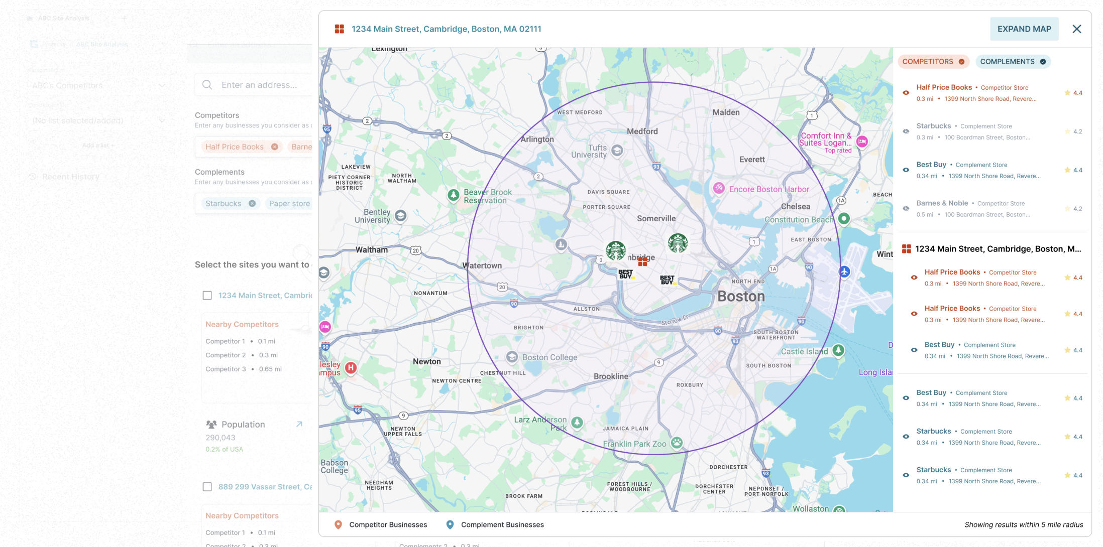 Early GrowthFactor map version with competitors and complements shown in a side panel.