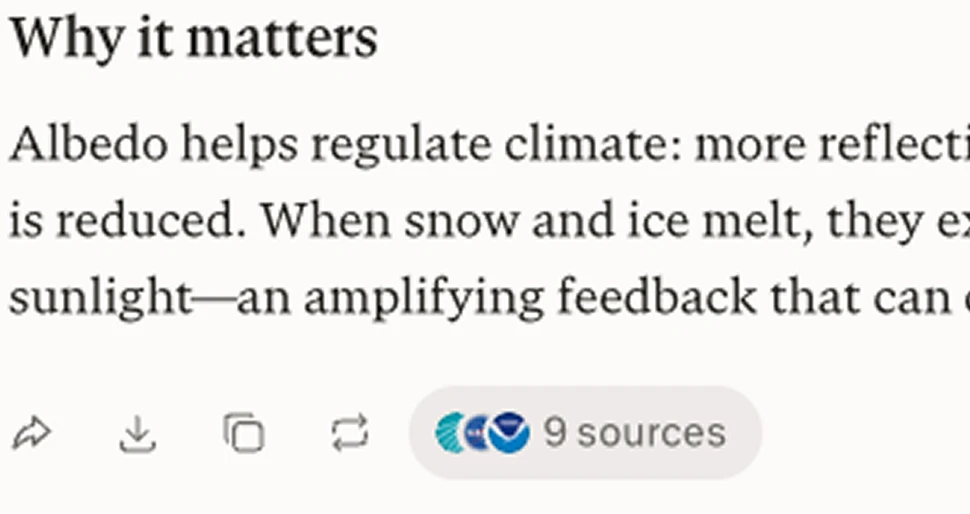 An answer about climate connects its explanation to nine supporting sources.