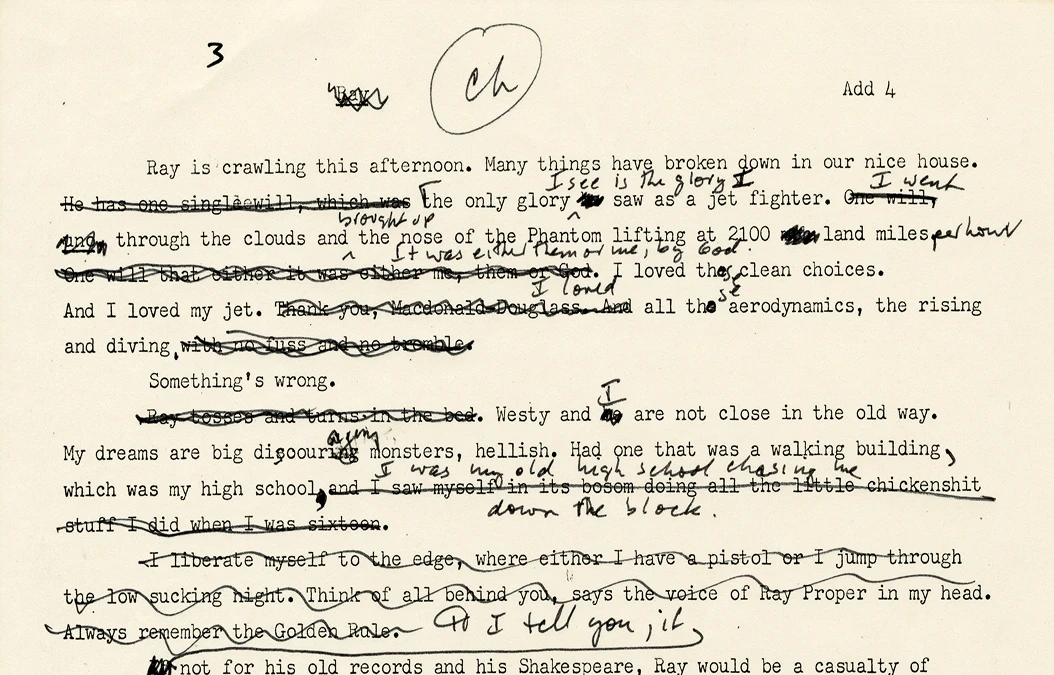 A typed manuscript covered with handwritten corrections, deletions, and margin notes.
