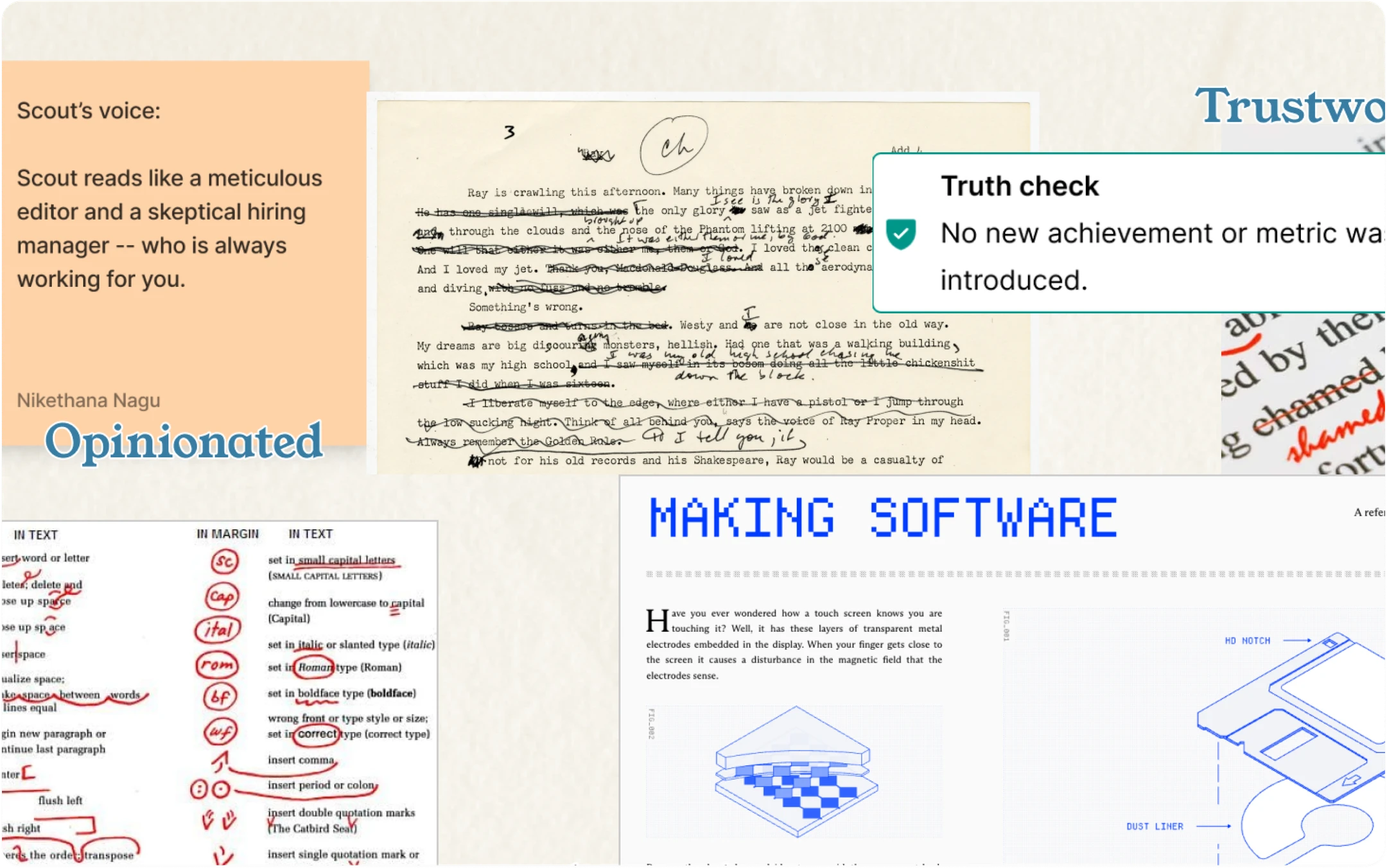 Voice exploration with a meticulous editor, annotated manuscript, truth check, and technical diagrams.