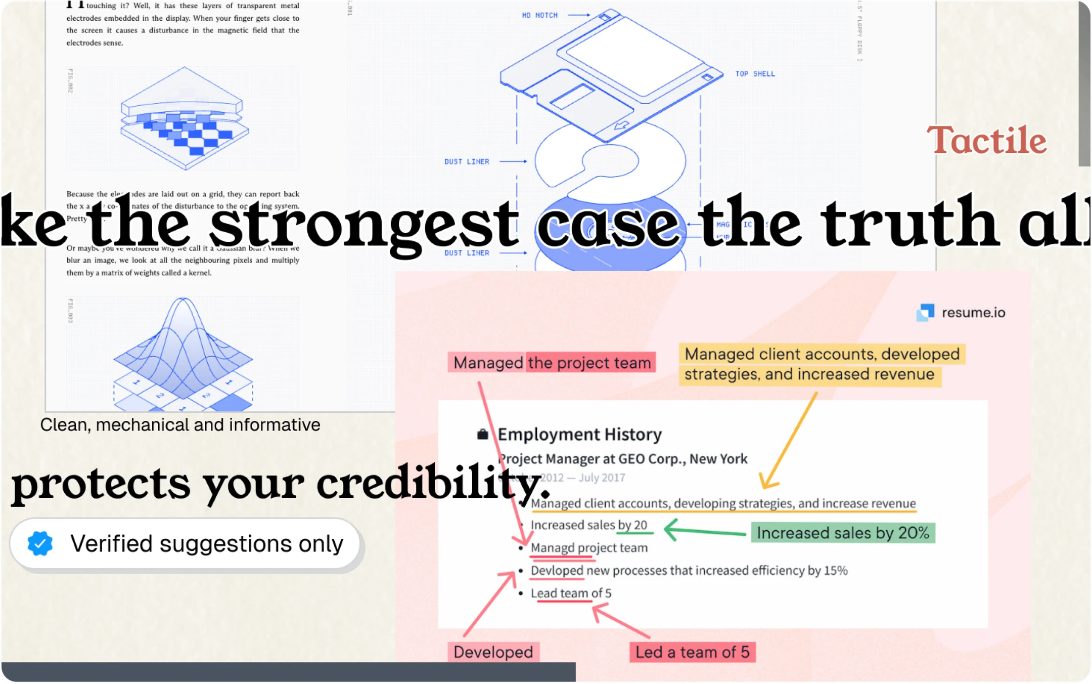 Technical illustrations and résumé annotations exploring tactile clarity and verified suggestions.