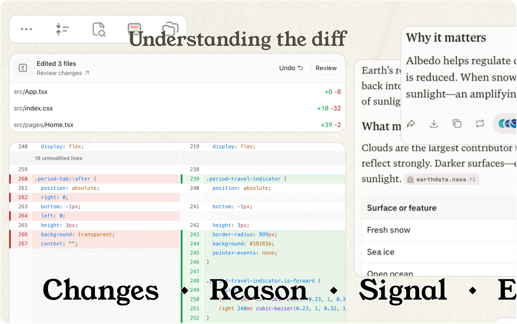 Software review references showing a code diff alongside an explanation with source citations.