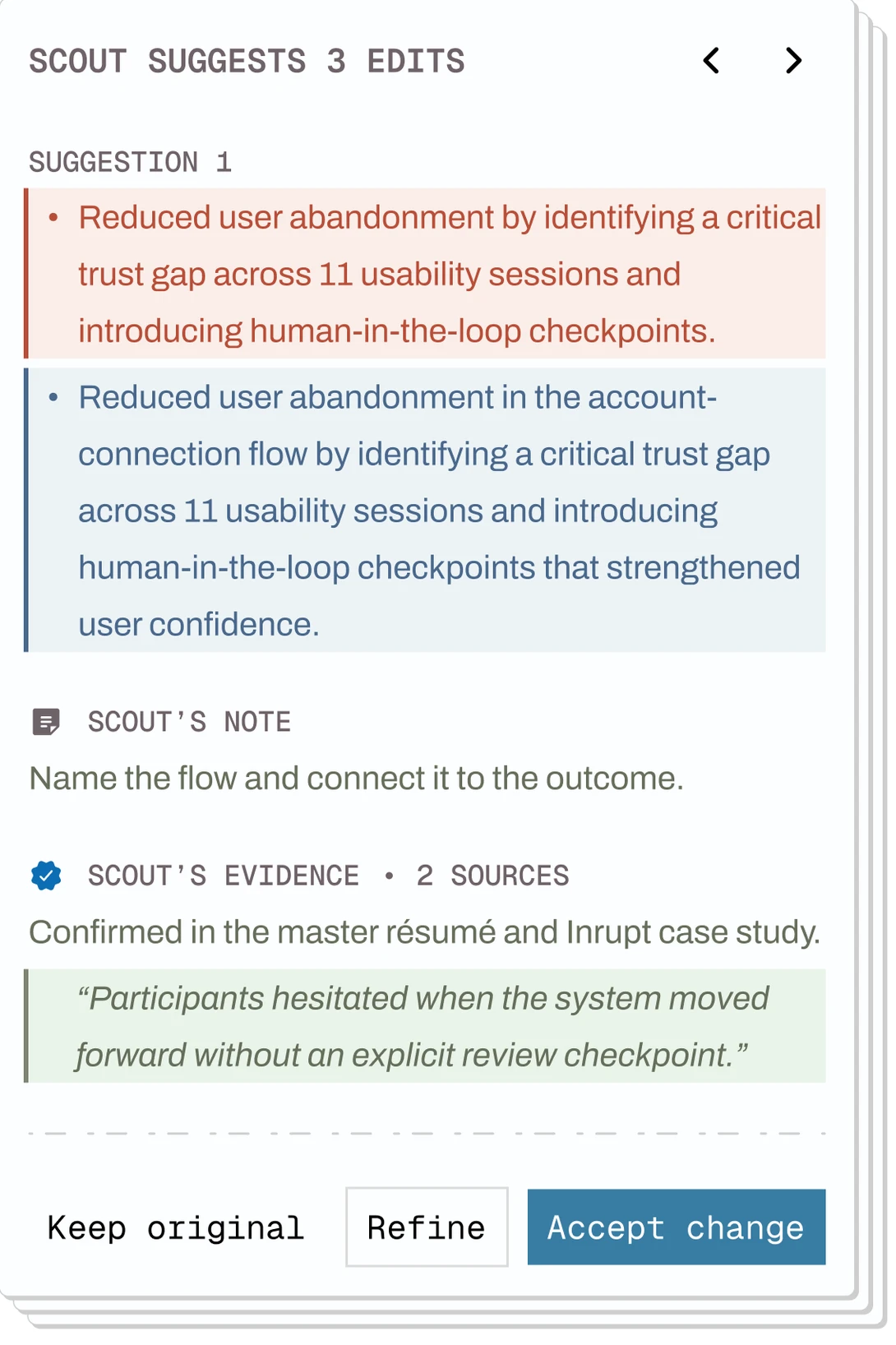 Scout’s editorial note, original and revised text, source evidence, and Keep Original, Refine and Accept Change controls.