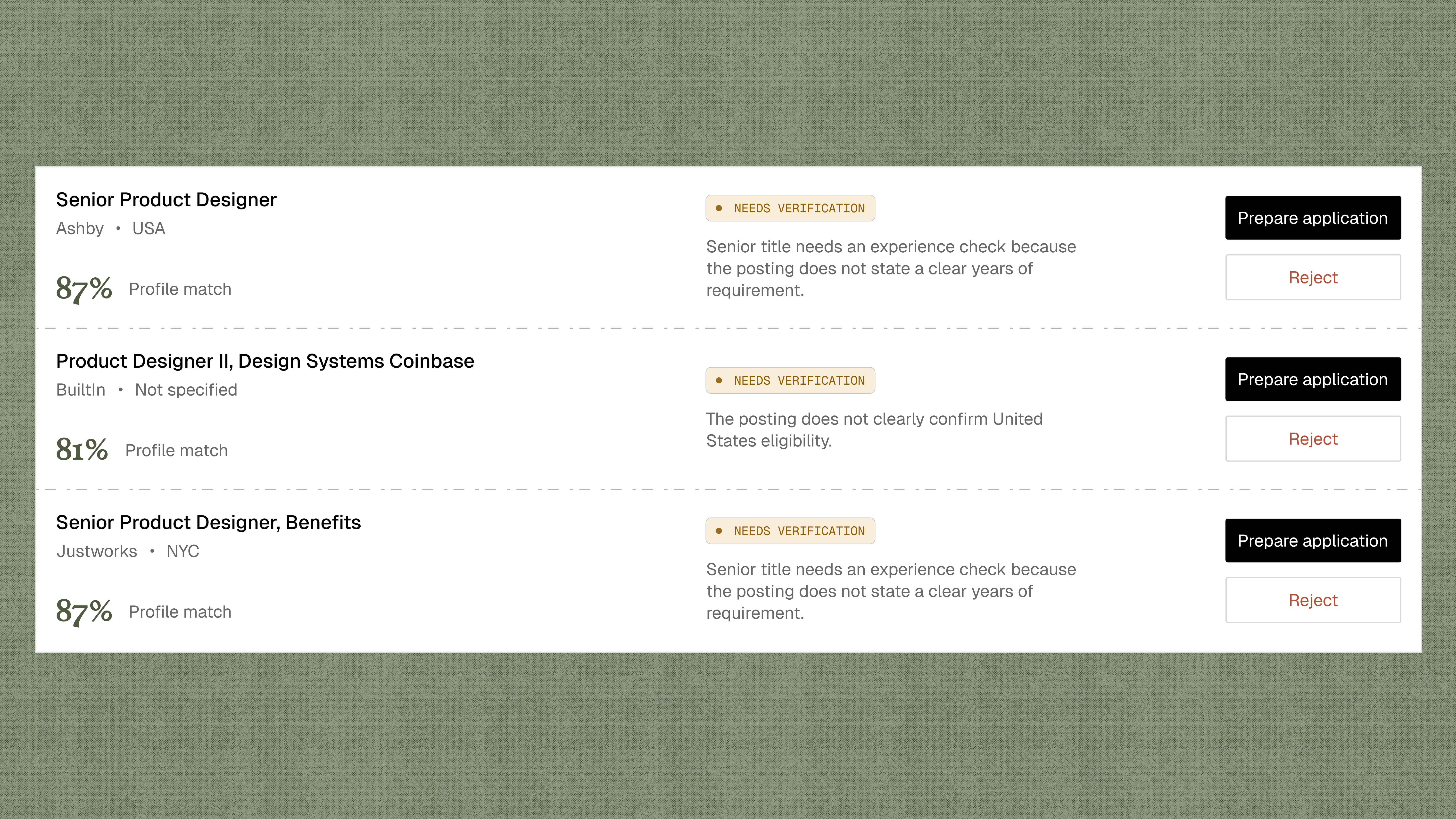 Scout role review interface showing matched jobs and application actions